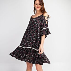NEW! PRETTY PRINTED LACE UP SLEEVES RAYON CHALLIE RUFFLED BOTTOM DRESS